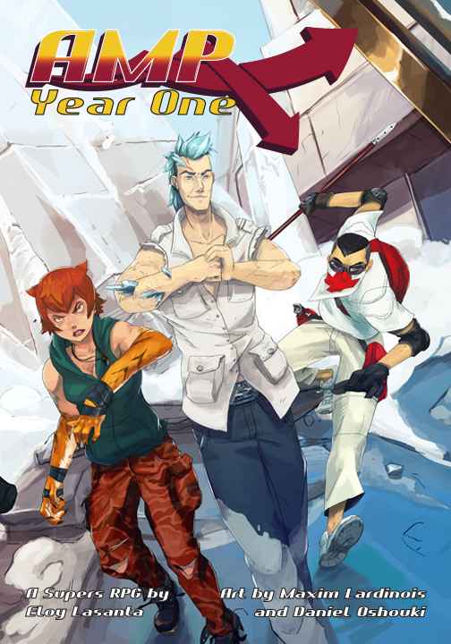 3 characters look to be readying for battle include: a female cat person; a man with shards protruding from his forearm; and a masked man running with a pointy staff. Cover reads: "AMP Year One".