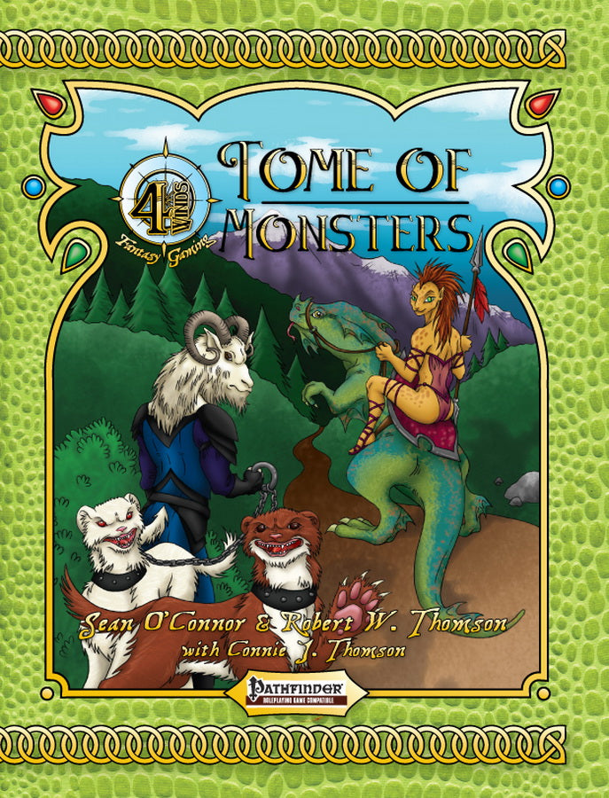 A humanoid Ram man walks his kat beasts; a humanoid Cat woman rides a dragon. Cover reads: "Tome of Monsters". Pathfinder compatible.