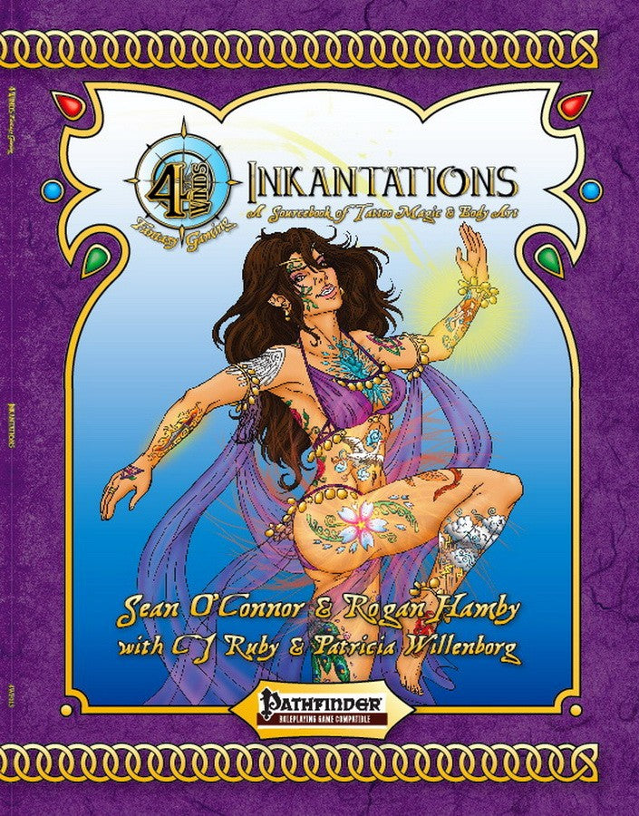 A female covered in colorful tattoos dances joyfully as electrical energy radiates from her bracelet.  Cover reads: "Inkantations: A Sourcebook of Tattoo Magic and Body Art".