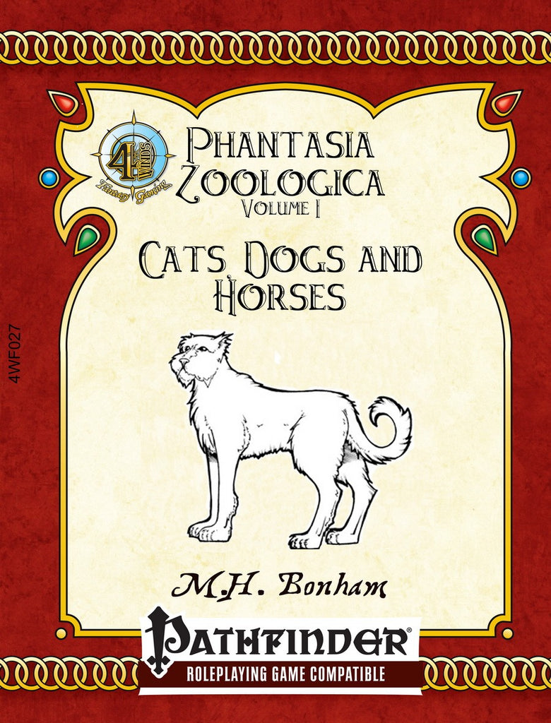 A large Irish Wolfhound type of dog breed in black and white stands at attention.  Cover reads: "Phantasia Zoologica Volume 1: Cats, Dogs and Horses". Pathfinder compatible.