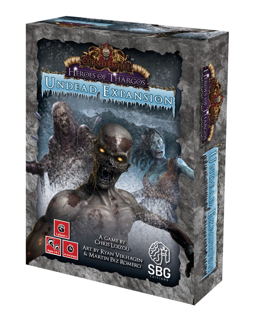 Three zombies amble forward through the snowy landscape. "Cursed Empire Heroes of Thargos Undead Expansion."