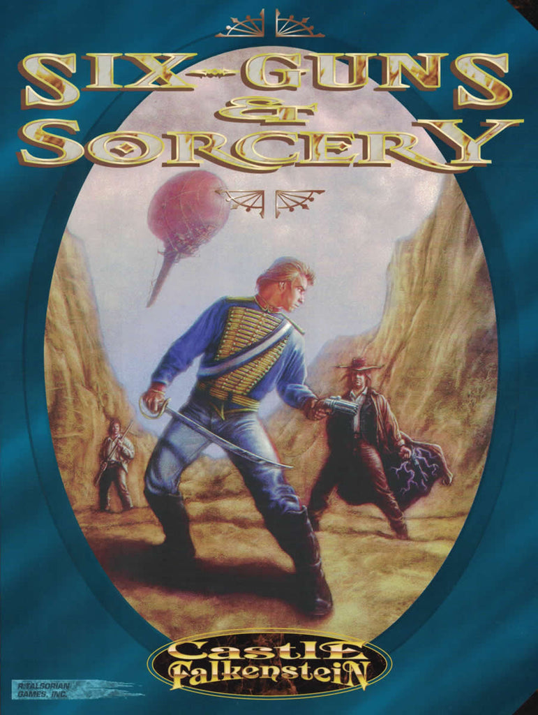 A victorian age soldier is beset by two bandits in a rocky desert valley. Title reads, Six-Guns and Sorcery, Castle Falkenstein.