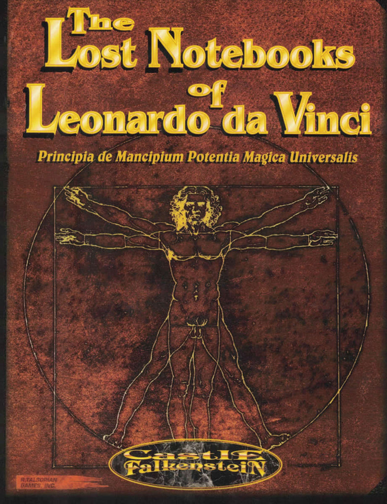 An image of da Vinci's Vitruvian Man sketch. Title reads, The Lost Notebooks of Leonardo da Vinci, Principis de Mancipium Potentia Magica Universalis.