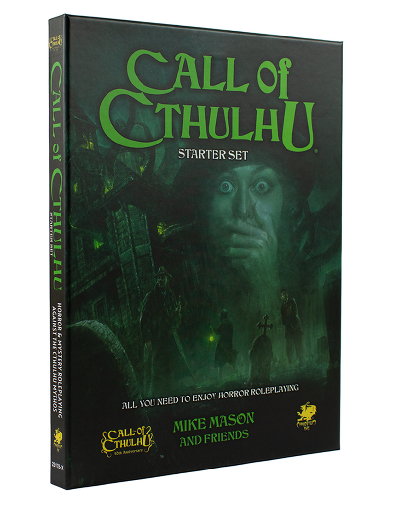 Figures walk through a graveyard outside of a green lit house with tentacles protruding. A woman gasps, wide eyed. "Call of Cthulhu Starter Set All you need to enjoy horror roleplaying. Mike Mason and friends."