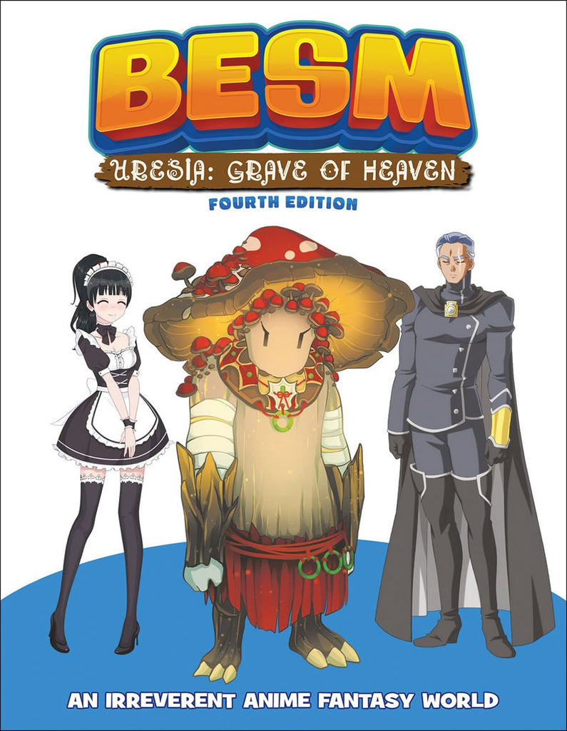 Two humans and a grumpy myconid feature. "BESM Uresia: Grave of Heaven Fourth Edition. An irreverent anime fantasy world."