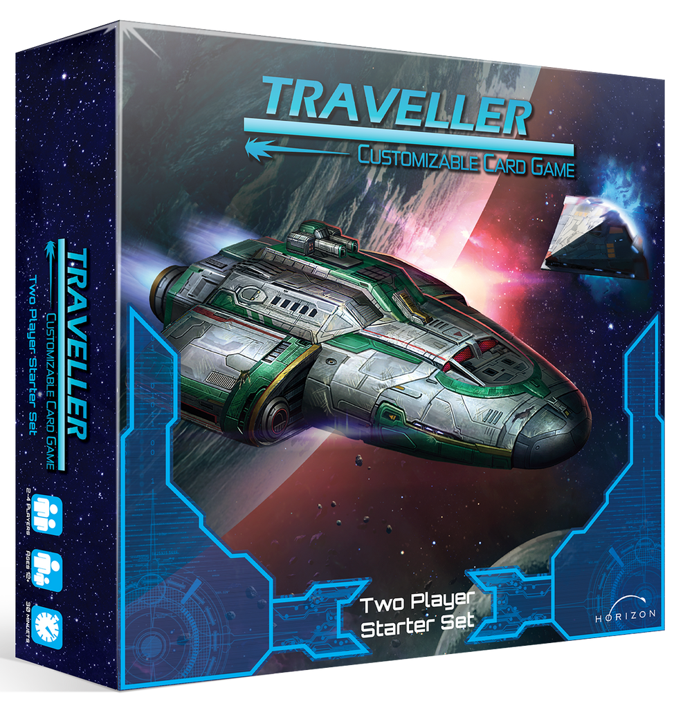 A ship with green accent plates and a pyramid shaped ship in the background propel through space. Text reads, "Traveller: Customizable Card Game. Two Player Starter Set."