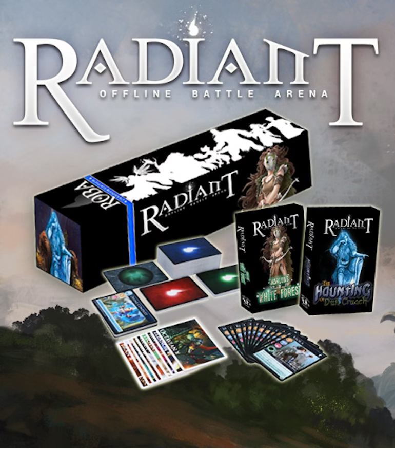 Long box with smaller ones inside holding cards laid out. "Radiant Offline battle arena."