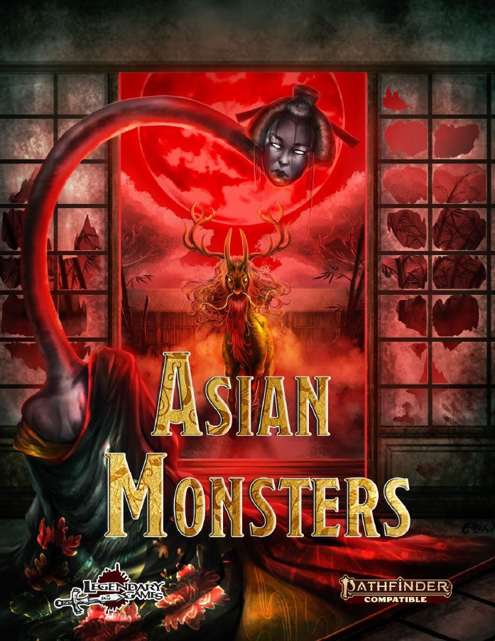An abnormally long necked geisha and a four-legged, antlered beast stand in front of a blood moon in a damaged, asian-style room. "Asian Monsters"