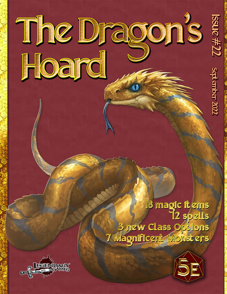 A golden snake with gray lines and a blue tongue with blue eyes coils on the cover. Text reads, "The Dragon's Hoard Issue #22. September 2022. 18 magic items, 12 spells, 3 new Class options, 7 magnificent monsters."
