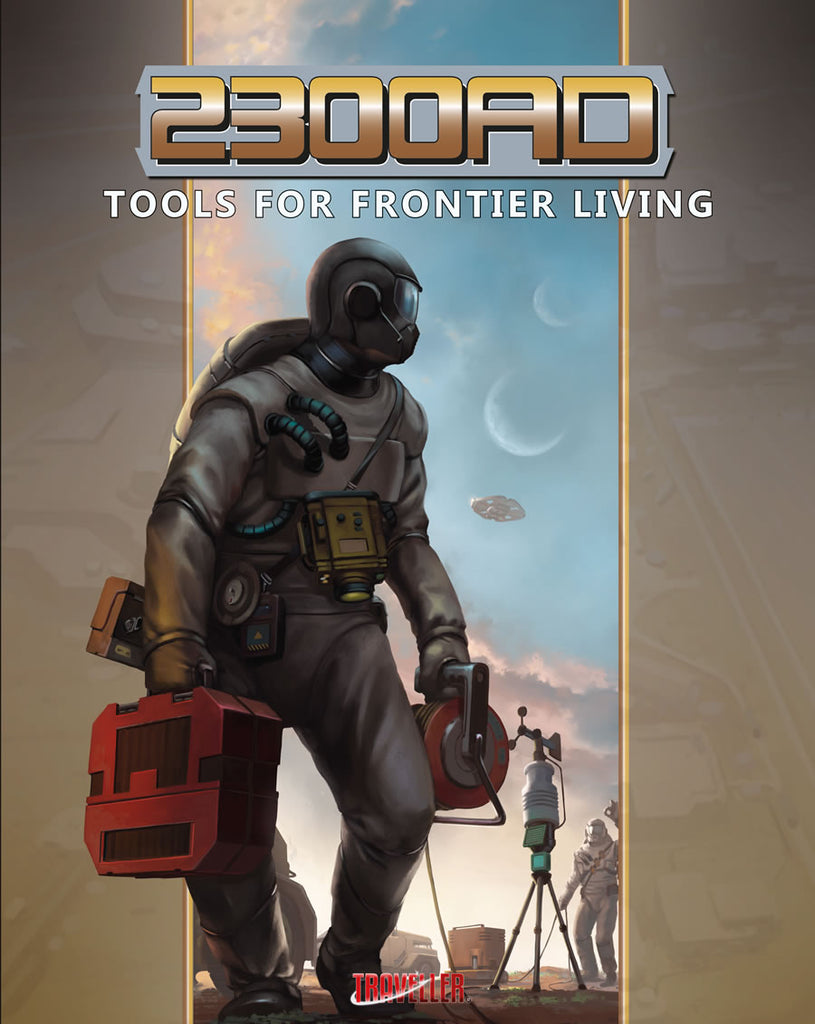 A human in a spacesuit carries kits and runs wire as another person gives them an ok symbol. "2300AD Tools for Frontier Living."