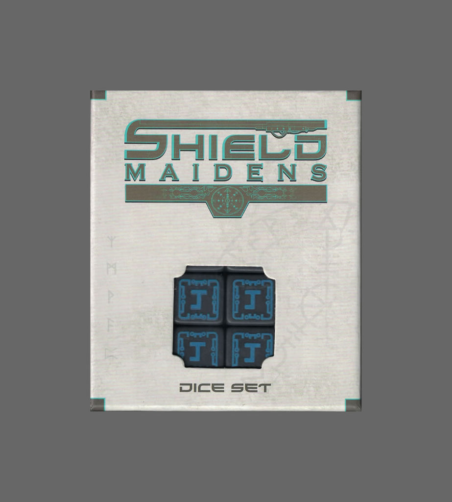 Black dice with blue custom symbols feature. "Shield Maidens dice Set."