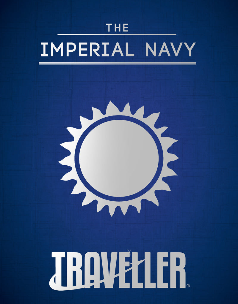 A silver sun symbol against a dark blue background. "The Imperial Navy. Traveller."