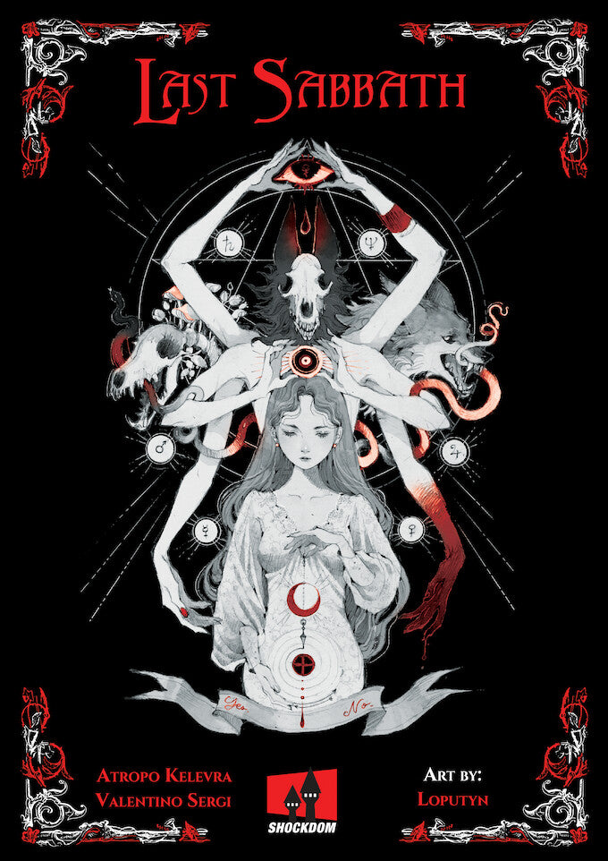 A mystical woman creates arcane symbols with a multi-armed being behind her. "Last Sabbath"