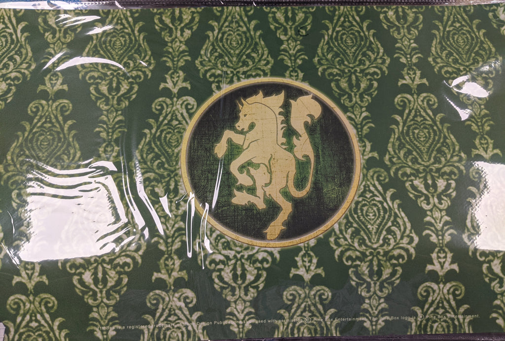 Dark green background with light green and white designs. Center of playmat is a logo of a horse.