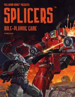 A heavily armored man shoots a wrist laser at a large, red mech. "Splicers Role-playing Game."