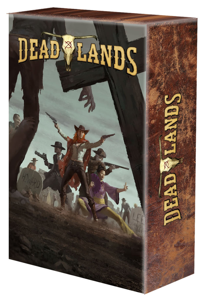4 Adventurers in Western garb face off to a horde surrounding them in a graveyard. "Deadlands."