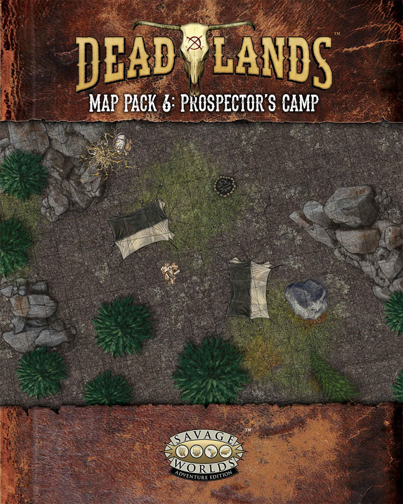 A gridded map of a campsite. "Dead Lands map pack 6: prospector's camp."