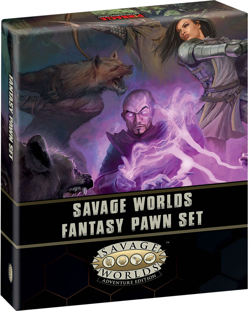 Creatures howl at a party of three adventurers in combat. Text reads, "Savage worlds fantasy pawn set. Savage worlds adventure edition."