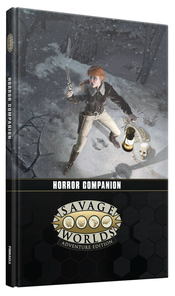 A lone female adventurer stands in the snow in the midst of a dark forest holding a revolver in one hand and a lantern in the other, with a pale skeleton at her feet. Giant hoof print tracks can be seen in the snow. Cover reads: Horror  Companion, Savage Worlds Adventure Edition