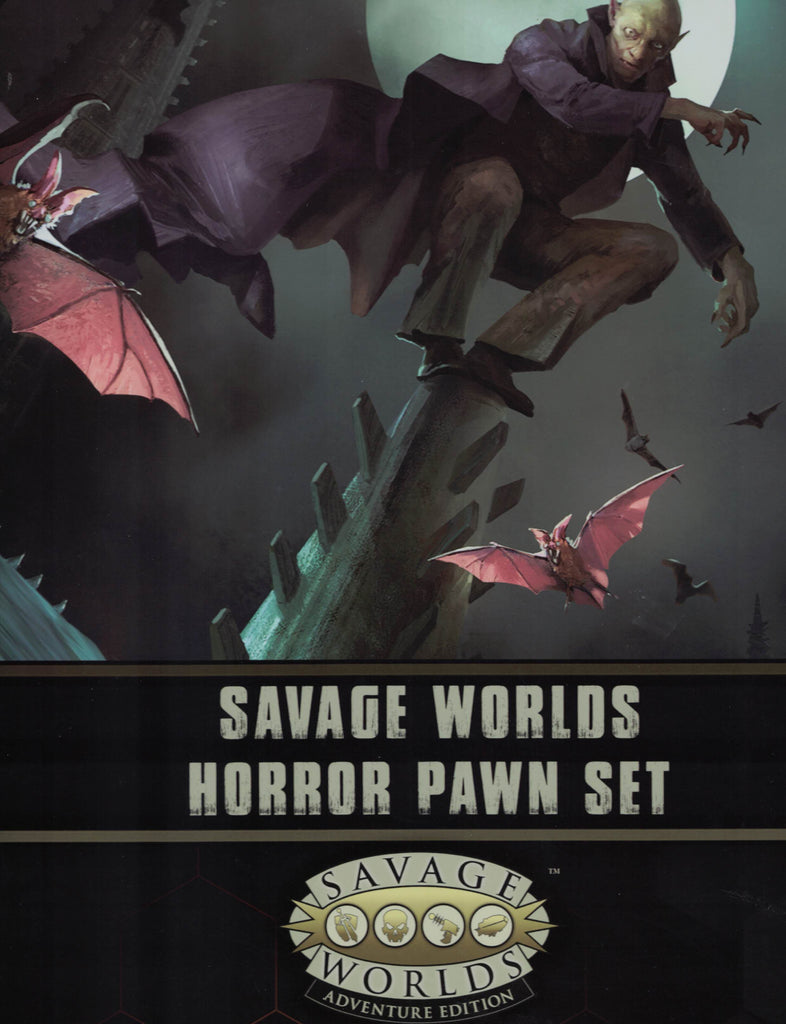 Amidst some flying bats, a vampire is perched atop a gothic spire under the moon light. Cover reads: Savage Worlds Horror Pawn Set, Savage Worlds Adventure Edition