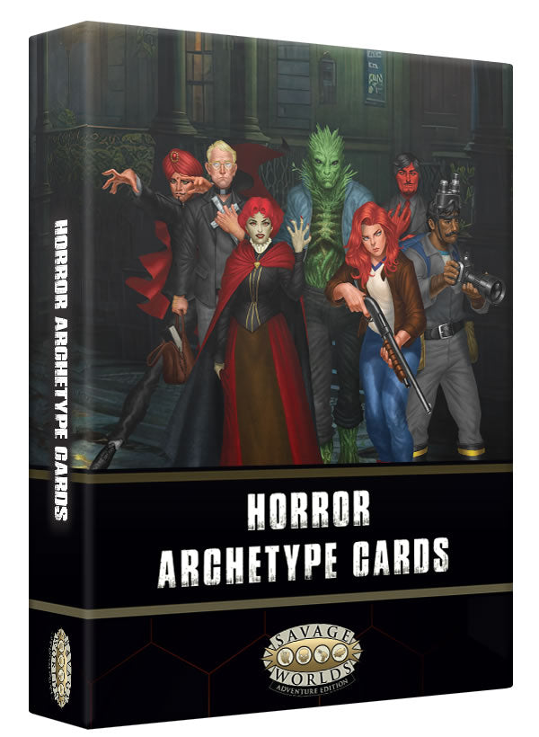 7 different archetype representations, a sorcerer, priest, vampire, plant monster, devil, ghost hunter and a shotgun toting normie stand in front of a darkly lit house. Cover reads: Horror Archetype Cards, Savage Worlds Adventure Edition