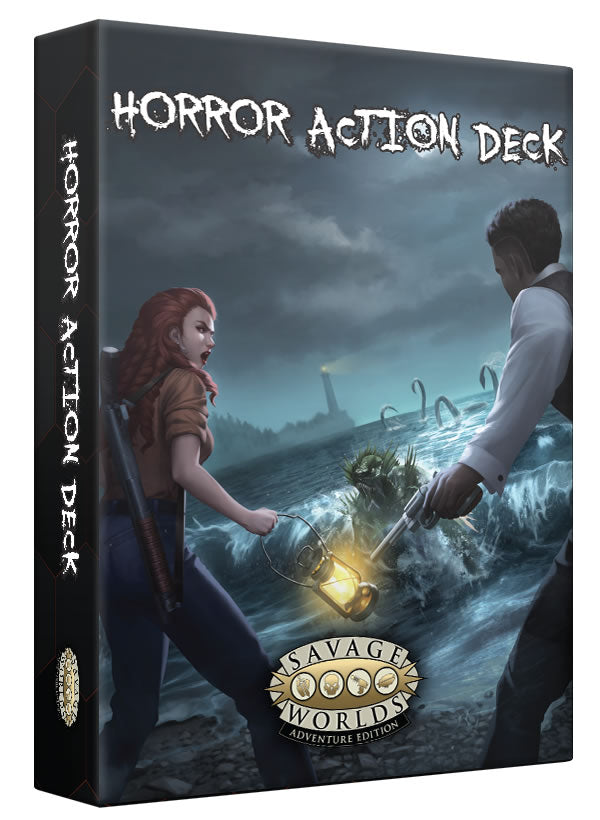 On a moonlit beach, a man and woman stand side by side armed with a shotgun and pistol as tentacled creatures emerge from the surf. Cover reads: Horror Action Deck, Savage Worlds Adventure Edition
