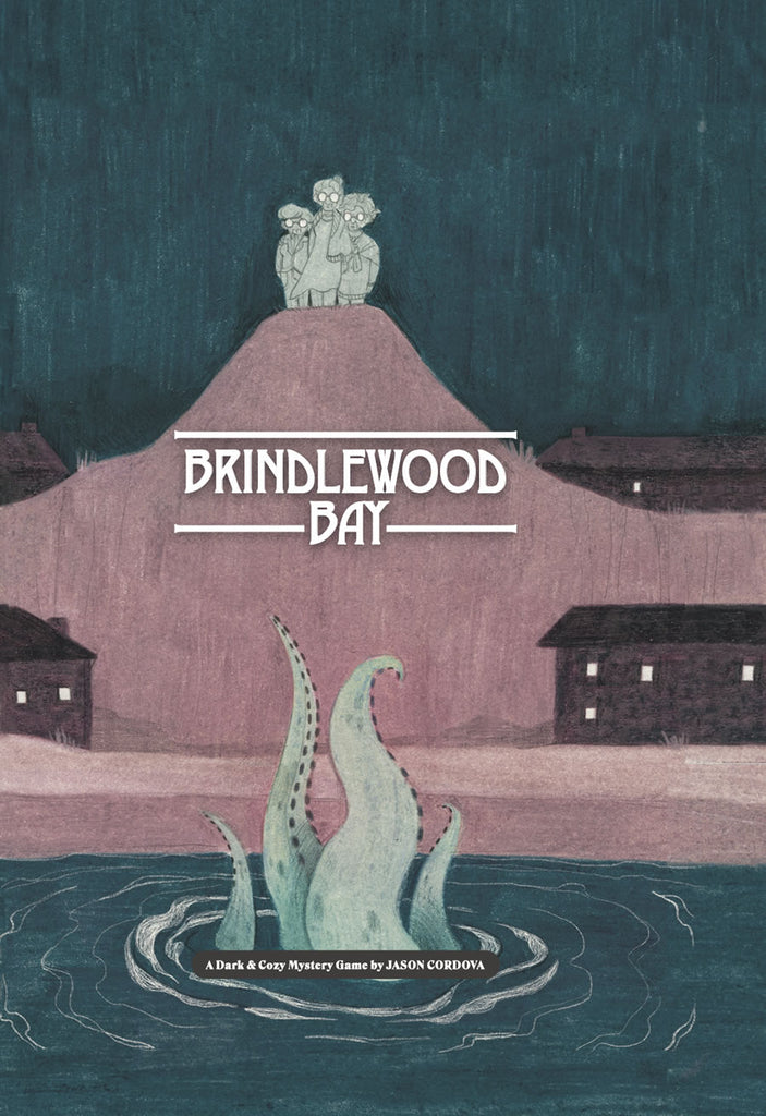 Three elderly women stand on a hill in town looking into a pool of water with tentacles stirring upward. "Brindlewood Bay: A Dark and Cozy Mystery Game by Jason Cordova."
