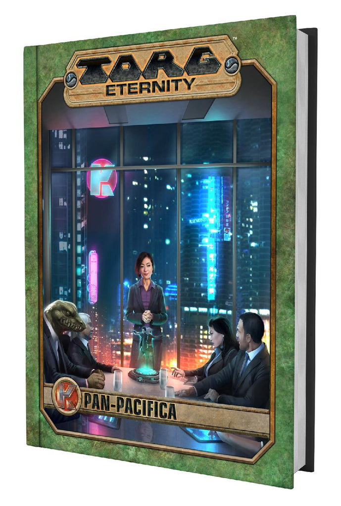 A woman gives a presentation for a boardroom of humanoids in front of a neon city. "Torg Eternity Pan-Pacifica"