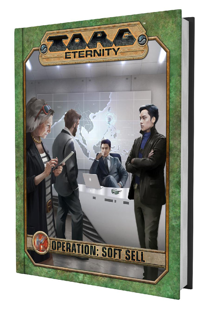 A man with a computer sits in front of a large, digital map while three other people stand in suites. "Torg Eternity Operation: Soft Sell."