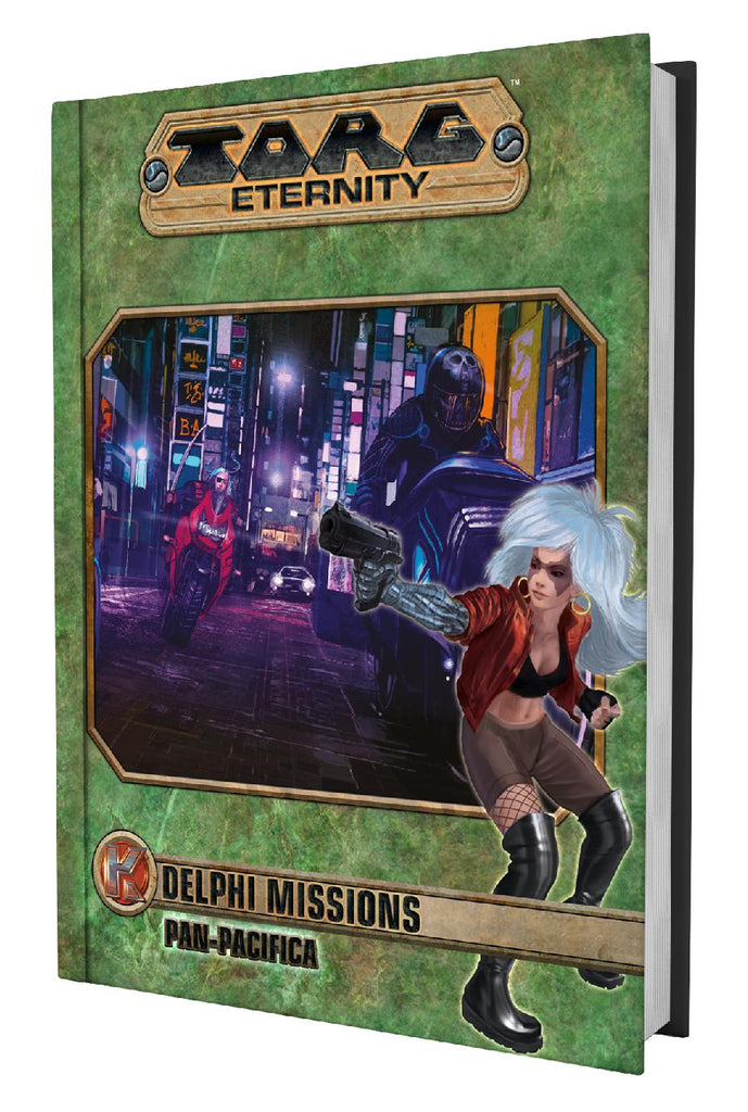 Motorcycle race through a neon city. A woman with a metal arm aims a gun in the foreground. "Torg Eternity Delphi Missions Pan-Pacifica."
