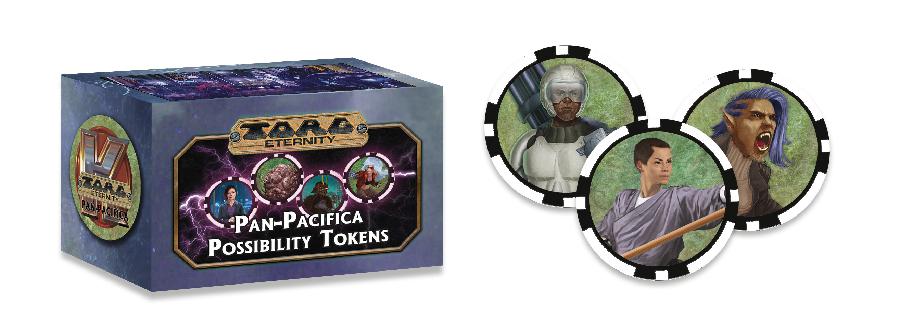 Three tokens featured and a box with more. "Torg Eternity Pan-Pacifica Possibility Tokens."