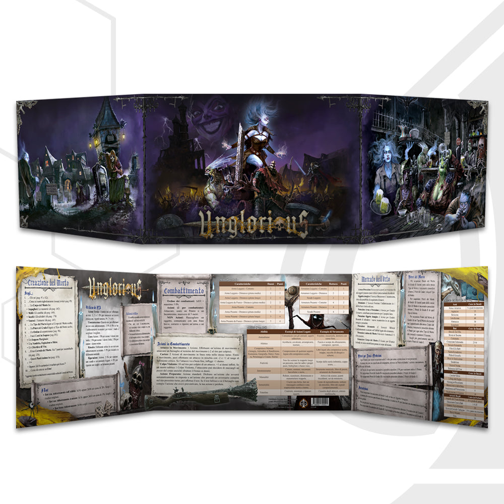 The front and inside of a 3-sided screen. The front has scenes of characters doing battle, awakening from death, and enjoying a tavern. The inside has informative text boxes and some art elements from the game.