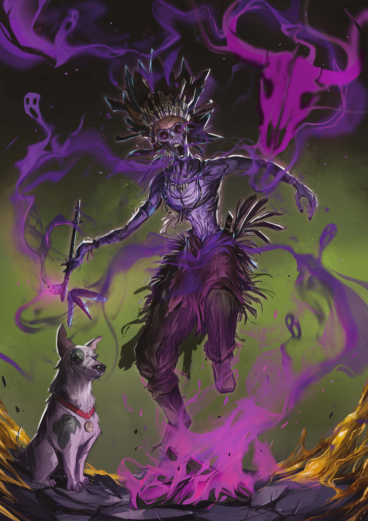 An undead figure with a headdress and long pipe with feathers dances in mystical smoke while a contented dog smiles are their feet.