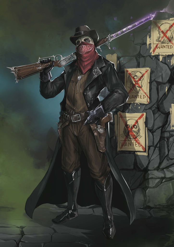 An undead figure in western garb and a long coat poses with his enchanted gun in front of crossed off wanted posters.
