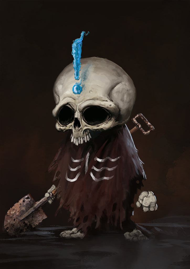 A small skeleton with a large skull and a blue exclamation point above it holds a shovel.