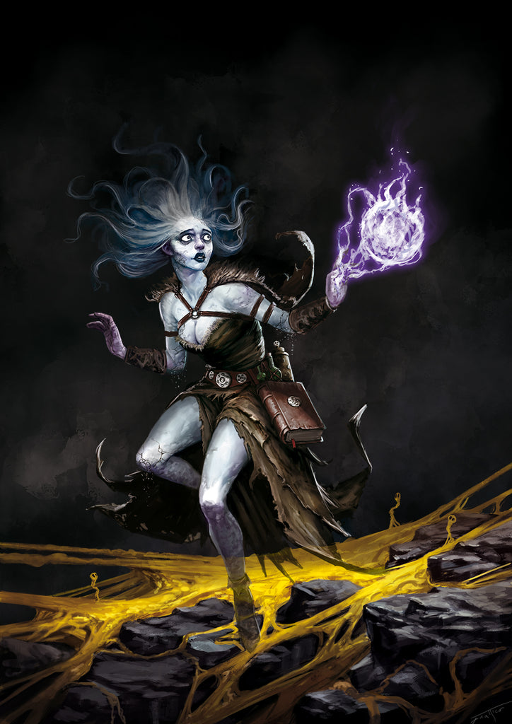 An undead female form casts a magical sphere while gliding above yellow webbing.