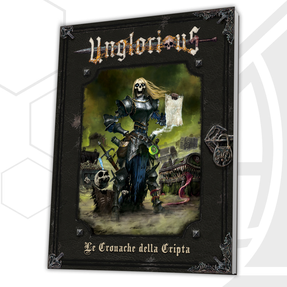 An undead skeleton in armor holds up a magical scroll in a crypt of treasure chests and mimics while a small skeleton looks up at her from her feet with an exclamation point above its head. "Unglorious. Tales from the Crypt."