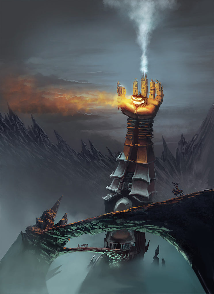 A figure on horeseback approaches a castle shaped like an arm with the palm holding a huge, bright jack-o-lantern.