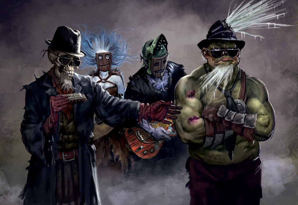 Four undead in masks or sunglasses and hats ready for a musical performance. 