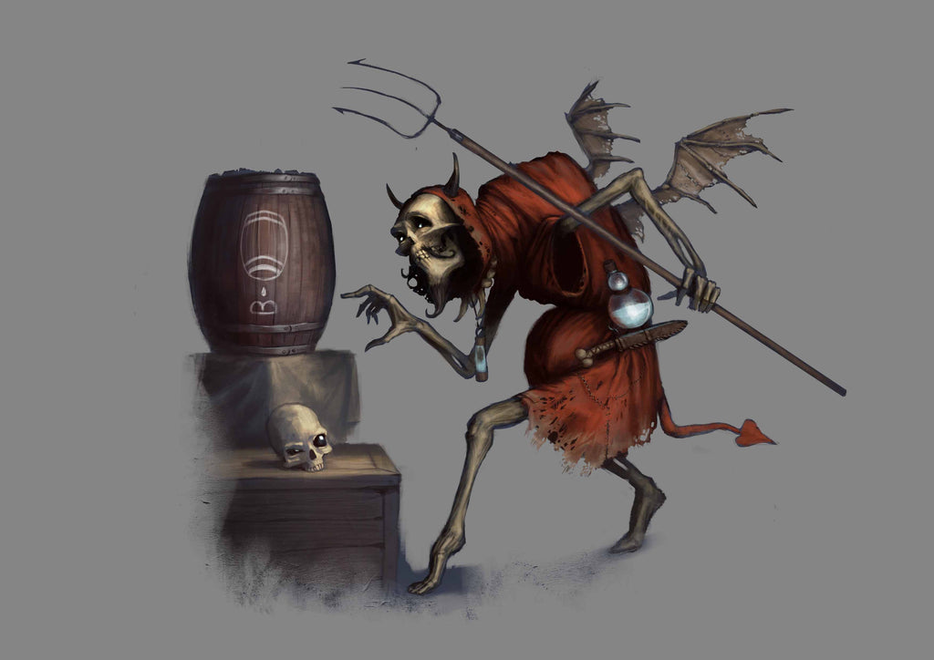 An undead resembling a demon is spotted by an awoken skull while sneakily reaching for a barrel.