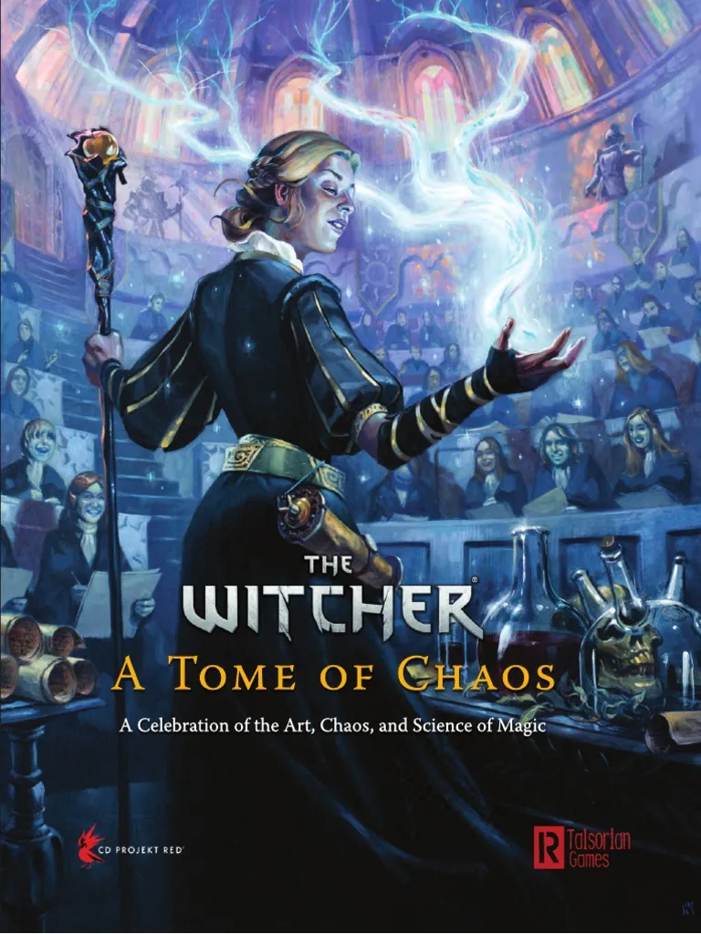 A mage demonstrates in front of a classroom of pupils. "The Witcher A Tome of Chaos. A Celebration of the Art, Chaos, and Science of Magic."