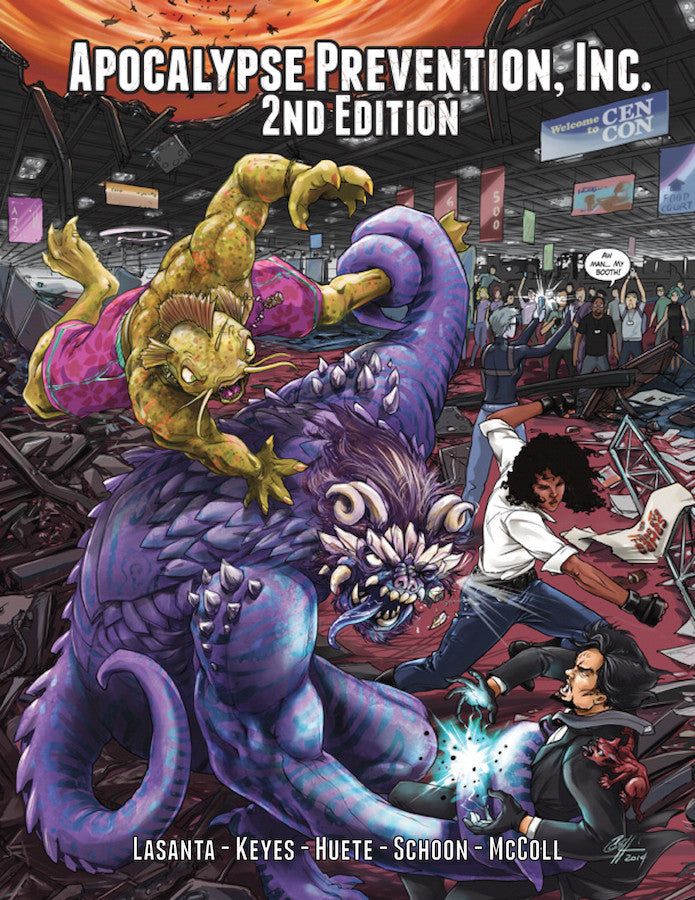 Mutants battle it out vs humans in the convention hall. A tough woman lands a major blow to a horned, scaley, tentacled purple mutant that is swinging a green fish thing around while a magic user tries to get free from constricting tentacles. Cover reads: "Apocalypse Prevention, Inc. 2nd Edition".