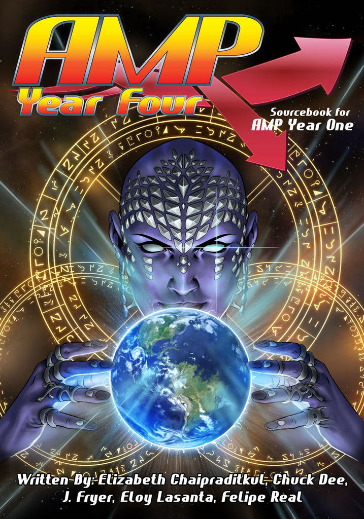 A mystical feminine being with glowing runic discs behind her has the Earth at her fingertips.  Cover reads: "AMP Year Four: Sourcebook for AMP Year One".