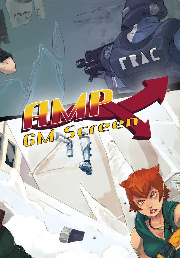2 scenes are cut off to split the cover. A soldier or law enforcement agent points his weapon towards an off-screen person.  A female cat person looks aggressive as her companion is jumping down to her side.  "Cover reads: AMP GM Screen".