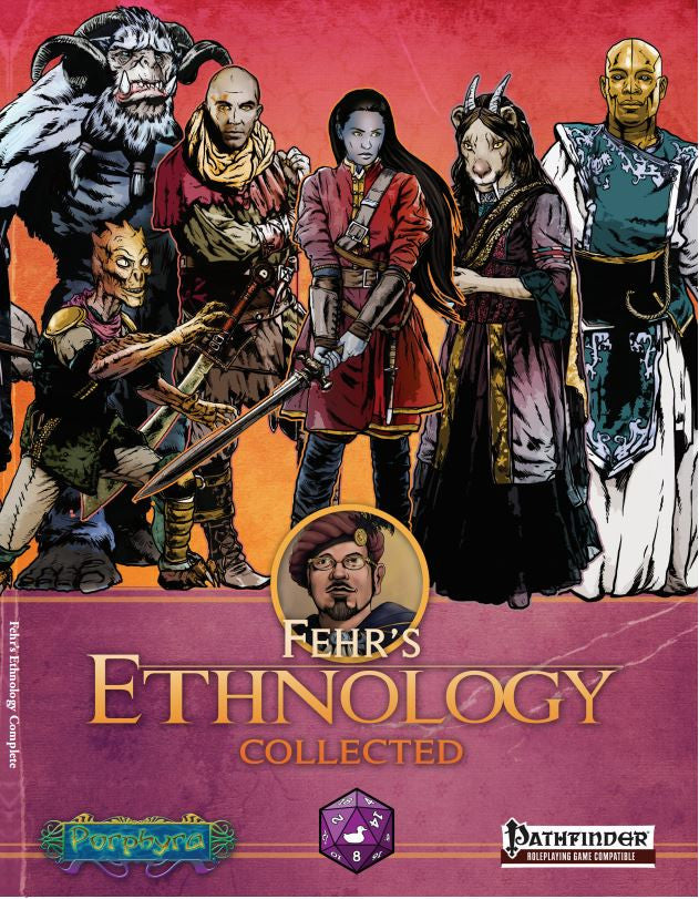 Various humanoid figures stand on display.  Male, female, human, lizard, goat, ram, gold, violet -- all different races, colors and classes. Cover Reads: "Fehr's Ethnology Collected".