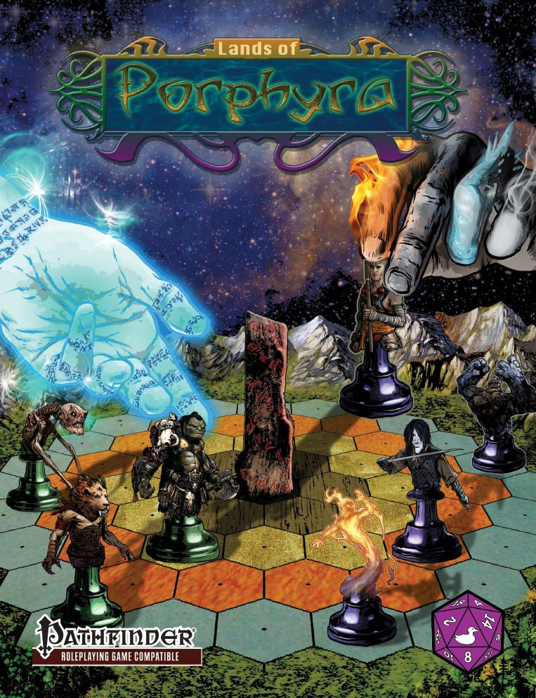 Mystical hands move pieces on a gameboard.  Various humanoid figures include orc, lion, elemental and golem figures. Cover reads: "Lands of Porphyra". Pathfinder compatible. 