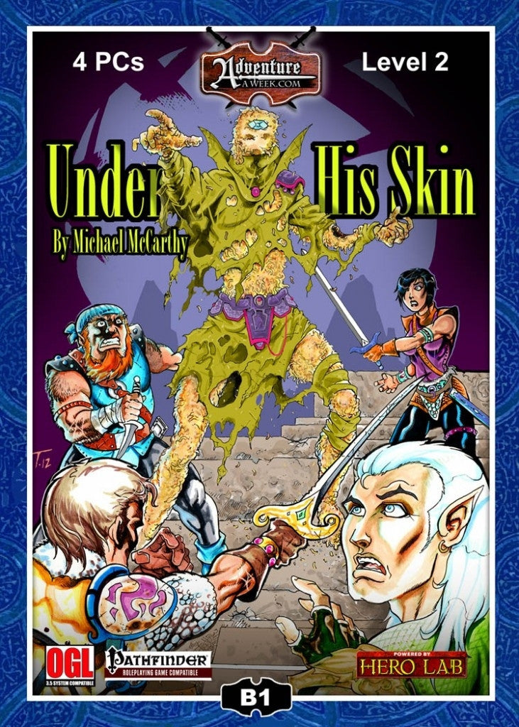 4 Adventurers including: a dwarf, an elf, and 2 human (one female) encounter a maggot ridden zombie creature with a large gem embedded in its' skull while exploring the wizard's tower.  Cover reads:  "Under His Skin" by Michael McCarthy. Pathfinder RPG Compatible.