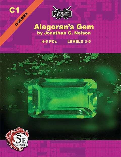 A large green emerald lie on the debris covered floor.  The pink/purple border that surrounds the main image contains old-style graphed dungeon mapping in the style of Gary Gygaxs' original D&D modules. Cover reads: "Alagoran's Gem". 4-6 PCs; Levels 3-5; D&D 5E Compatible.