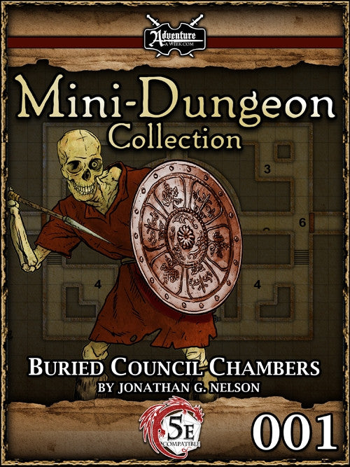 A skeleton undead warrior stands with shield and spear.  The background shows an example of the type of map you will find in the contents.  Cover reads: "Mini-Dungeon Collection: Buried Council Chambers". 5E compatible.