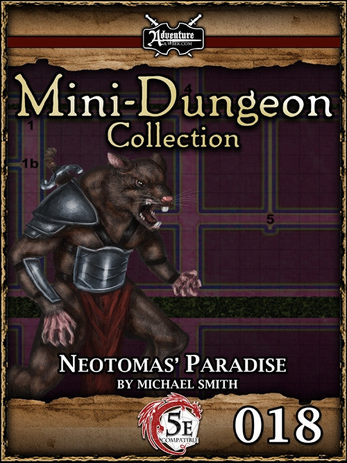 An angry rat humanoid in plate armor hisses and shows teeth, sword secured still behind his back. A section of map provides the backdrop. Cover reads: "Mini-Dungeon Collection: Neotomas' Paradise". 5E compatible.